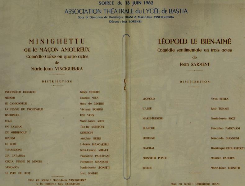 ASSOCIATION DES ANCIENS THEATRALE DU LYCEE DE BASTIA - Juin 1962